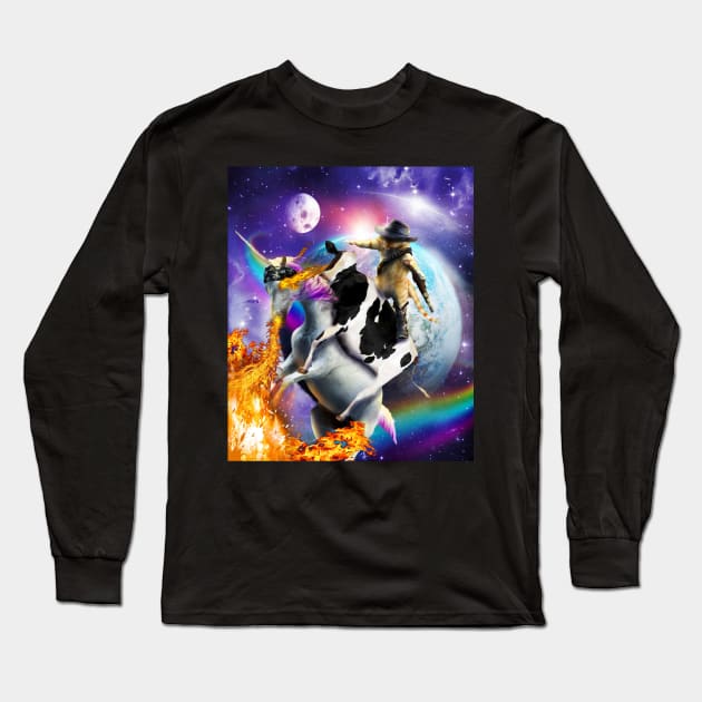 Space Galaxy Cowboy Cat On Cow Unicorn, Rainbow Fire Funny Long Sleeve T-Shirt by Random Galaxy